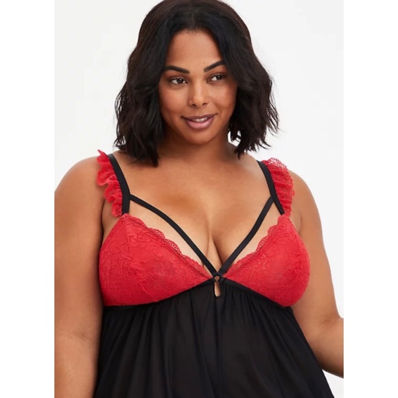🆕 Red Black Strappy Cap Sleeve Lace Bralette Chemise Lingerie 3 3X 22 24 Torrid - Picture 3 of 5